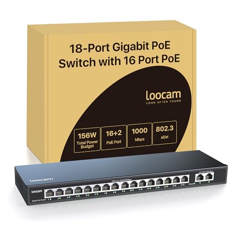 ZOSI Loocam 16 Port Switch PoE+ Gigabit Ethernet Réseau Switch avec 2 Gigabit Uplink Port, 1000Mbps, 156W, IEEE802.3af/at, Montage de Bureau ou Mural, Boîtier Métal Durable, Non Géré