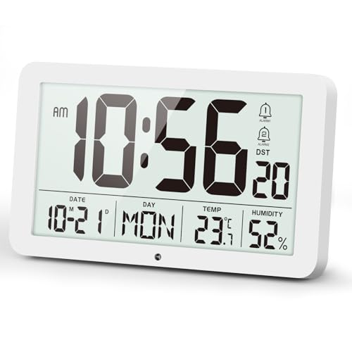 YsyYey Gran despertador digital con monitor de temperatura y humedad, reloj de pared USB/alimentado por batería inteligente para montar en la pared y mesita de noche con oscurecimiento automático, DST