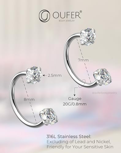 OUFER 2PCS 316L Surgical Steel Horseshoe Nose Rings Hoops, 20G Push Pin Threadless Nose Rings For Women Men, Double Crystal Horseshoe Septum Lip Eyebrow Helix Daith Ear Piercing Jewelry-7mm and 8mm3