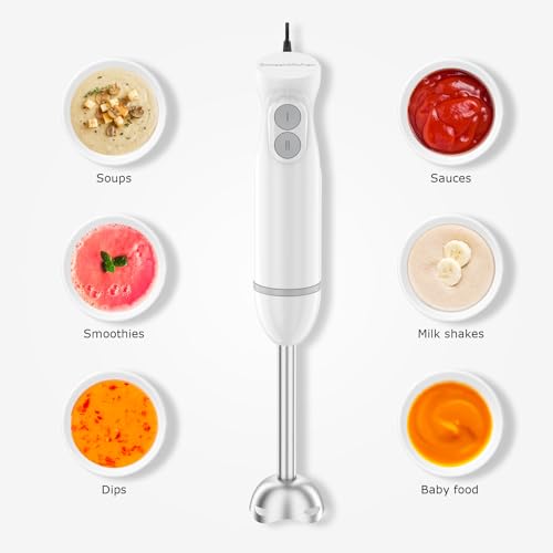 Bonsenkitchen Hand Blender, Immersion Blender with 2 Mixing Speed, 2-In-1 Hand Held Stick Mixer with Beaker for Soups, Smoothies, Sauce, White