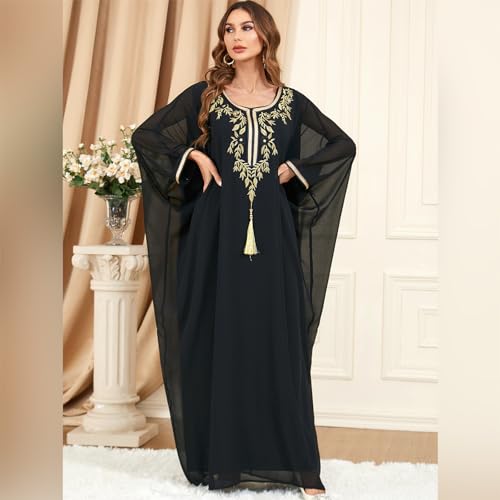 Image of OBEEII Muslim Dress for Women Loose Batwing Sleeved Hooded Beaded Embroidery Long Abaya Dress Kaftan Abayas Islamic Robe