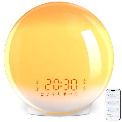 ARTINABS Despertador Luz, Wake Up Light, Despertador con Simulación de Amanecer y Atardecer, App Control, 4 Alarmas, Snooze, Calibración Automática de Hora, Radio FM, 7 Sonidos, 12 Colores