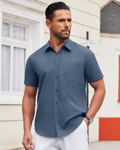 Image of Alimens & Gentle Men's Short Sleeve Dress Shirts Wrinkle Free Untucked Casual Button Down Shirt