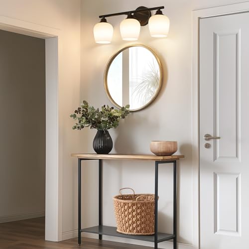 Image of ONEWISH Bathroom Light Fixtures - Modern Wall Sconces 3 Light Black, Wall Lamp for Vanity Light Over Mirror, Opal Glass Globe Lamp for Bedroom, Living Room, Hallway, E26 Socket Bulb NOT Included