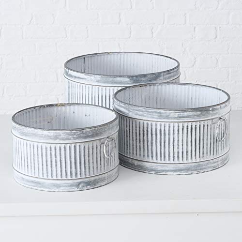 Whw Whole House Worlds French Country Style Round Planters, Set Of 3,Corrugated Bellies, Ring Handles, Rustic White Wash Over Grey Finish, 15.75D, 11.75D, And 13.75D Inches, Cache Pots #TOP6