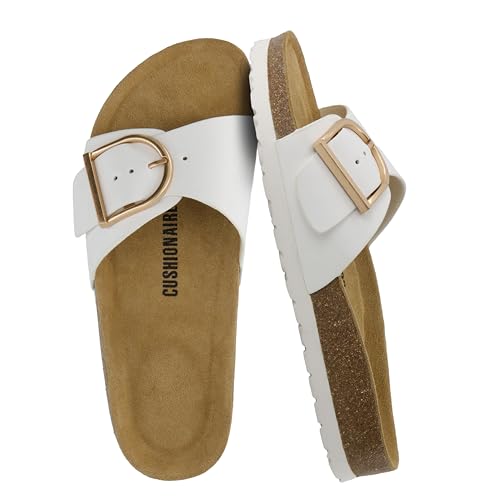 CUSHIONAIRE Leeds Sandals for Women, Slip On Big Buckle Slide Womens Sandals with Memory Foam Footbed, Comfortable Summer Footwear, WHITE 8