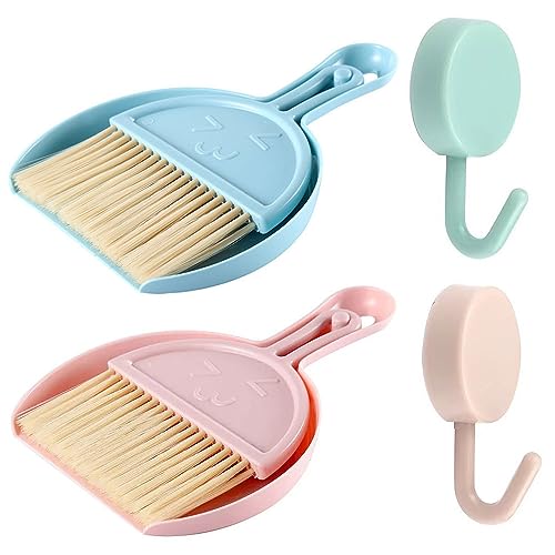 2 Pcs Small Dustpan and Brush Set with 2 Self Adhesive Hooks Mini Dustpan and Brush Mini Hand Broom and Dustpan Set for Desk Home Kitchen Necessities