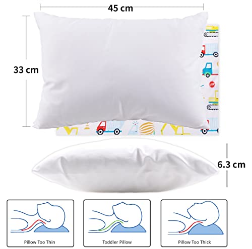 Kopfkissen Kleinkind und Kissenbezug - 33x45 cm Weich Bio Baumwolle Kissen Kinder zum Schlafen - Waschbar Kleinkind Kopfkissen ab 2 Jahre - Kinderkopfkissen für Kleinkinder - Kinderkissen Autos