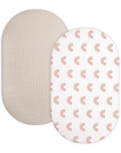 Image of Bassinet Sheet for Baby Boy and Girl 2 Pack, Fitted Sheets for Rectangle, Oval, Hourglass Bassinet Mattress, Muslin Moses Basket Sheets with Neutral Style (Beige & Rainbow)