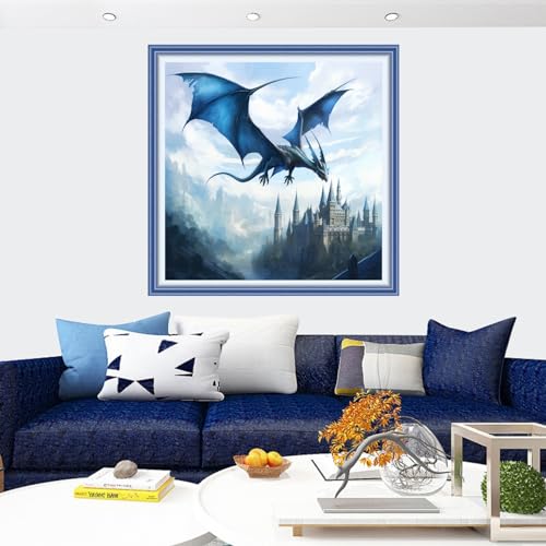 Image of Findvoor Stamped Cross Stitch Kits for Beginners Full Range of Cross Stitching Embroidery Pattern for Adults, 11CT DIY Needlepoint Embroidery Starter Kits-Blue Winged Dragon 17.7x17.7 inch