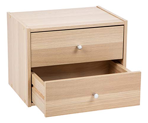 Image of IRIS USA 2-Drawer Modular Wood Stacking Storage Box, for Office Closet and Nightstand, Easy Assembly, Stacking Storage Boxes, Light Brown
