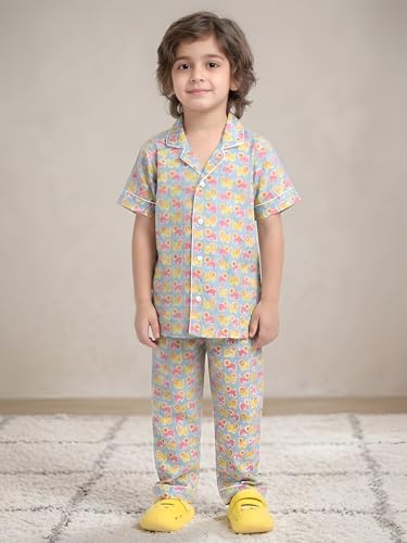 Image of POLKA TOTS 100% Pure Cotton Half Sleeve Night Suit for Kids, Girls & Boys | Cotton Pyjama Set | Unisex Night Dress for Children | Night Suit for Girls |Sleepwear for Kids | Winter Night Dress for Boys