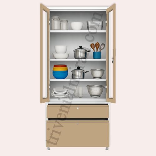 Image of Triveni Almirah Annapurna-5 Steel Wardrobe for Kitchen & Home Use | 10 Year Guarantee on Paint & Locks | 2-Door Glass Almirah with 2 Drawers | Separate Locks for Doors & Drawers | Powder-Coated Finish