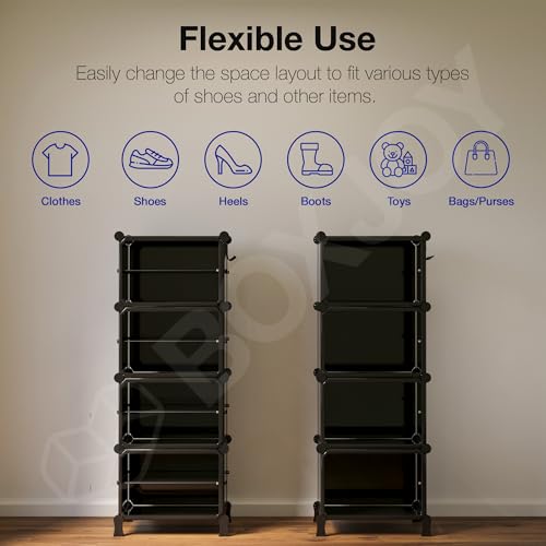 Image of BOXJOY 8 Shelf Black Shoe Rack with 4 Transparent Doors, Magnets and 5 Hook Steel Holder for Home Storage Box Organizer, Hard PET Plastic with Metal Door Frame, Shoe Chappal Slipper Sandals Stand