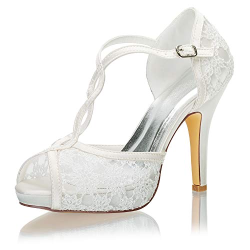 Emily Bridal Zapatos Nupciales Encaje Peep Toe Rhinestones Correa de Tobillo Zapatos de Novia de tacón Alto (EU38, Beige) Cover