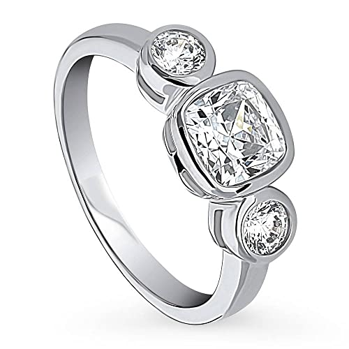 BERRICLE Sterling Silver CZ 3-Stone Wedding Engagement Promise Ring for Her, Bezel Set Cubic Zirconia Ring - Cushion, Pear Cut
