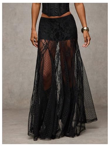 MakeMeChic Women's Floral Lace Sheer Split Thigh A Line Ruffle Summer Maxi Skirts3