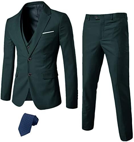 YND Men's Slim Fit 2 Button 3 Piece Suit Set, Blazer Jacket Vest Pants and Tie, Solid Wedding Dress Tux and Trousers Deep Green