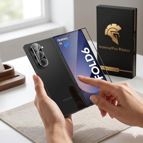 Image of ArmourPro Tempered Glass and Black Camera Lens Protector for Samsung Galaxy Z Fold 6, Edge to Edge Screen Guard, Anti-Bubble, Scratch Resistant, HD Clear, Anti-Fingerprint, Installation Kit | Black