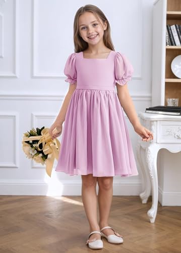 dideyttawl Chiffon Short Flower Girls Dress Knee Length Puff Sleeves Wedding Guest Dresses for 4-16 650C2