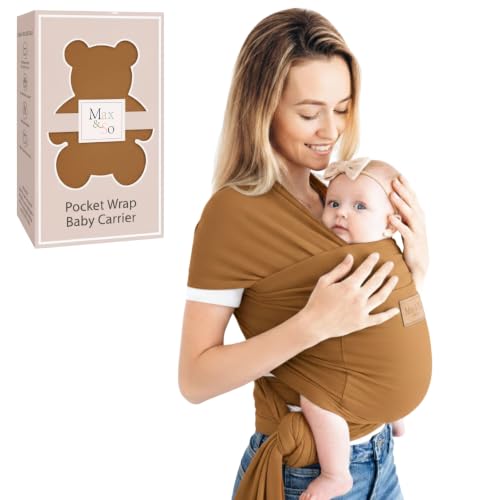 Baby Wrap Carrier - Breathable Cotton Newborn to Toddler Carrier 8-35 lb - Secure Postpartum Baby Holder with Front Pocket by Max&So (Brown)