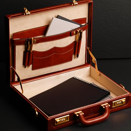 Time Resistance Leather Attache Case - Full Grain Italian Leather Briefcase - Laptop Bag up to 15” - Hard Case with Lock2