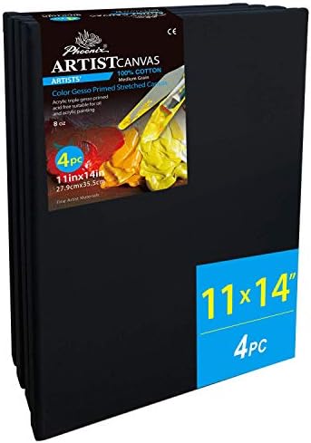 PHOENIX Black Stretched Canvas, 11x14 Inch/4 Pack - 3/4 Inch Profile, 8 Oz Quadruple Gesso Primed 100% Cotton Blank Black Canvases for Acrylic, Oil, Tempera, Metallic, Neon Painting & Crafts