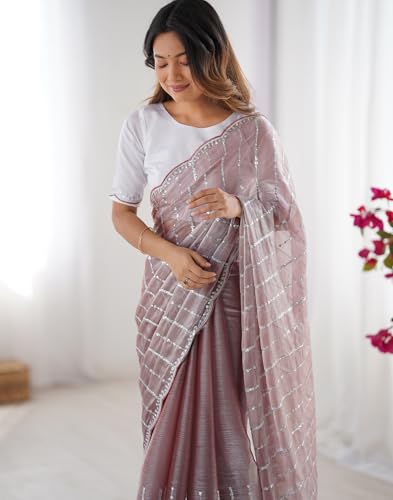 Image of SIRIL Women's Shimmer Chiffon Sequence Embroidery Saree With Unstitched Blouse Piece for Wedding and Parties