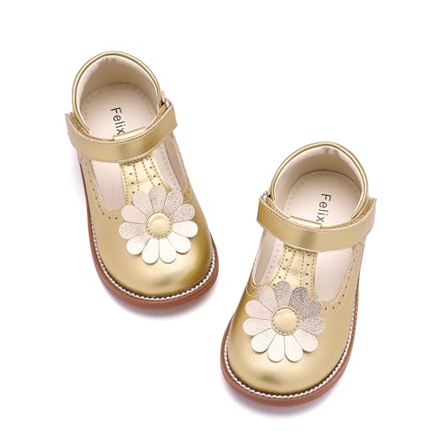 Felix & Flora Toddler Little Girl Gold Mary Jane Dress Shoes - Ballet Flats for Flower Girl Party School Shoes(Gold,10 Toddler)