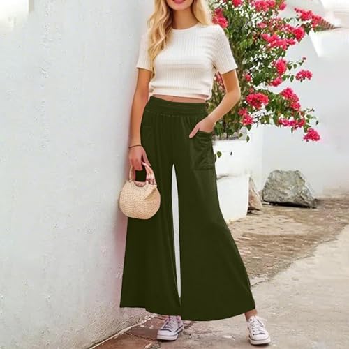 Palazzo Pants for Women Casual Summer Beach Pants Loose Wide Leg Trousers with Pockets Elastic High Waisted Slacks3