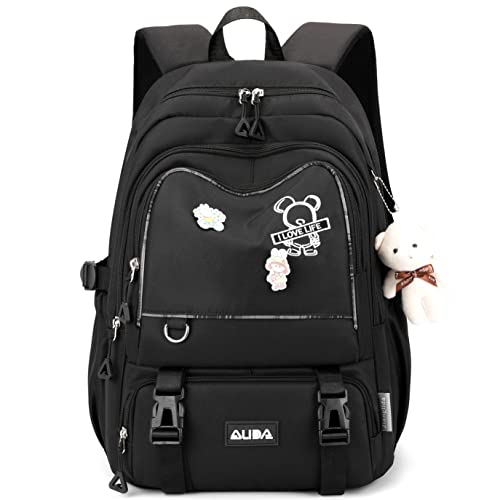 Mochila casual feminina com padrão de urso, mochila de estudante, com pingente de urso, pode conter