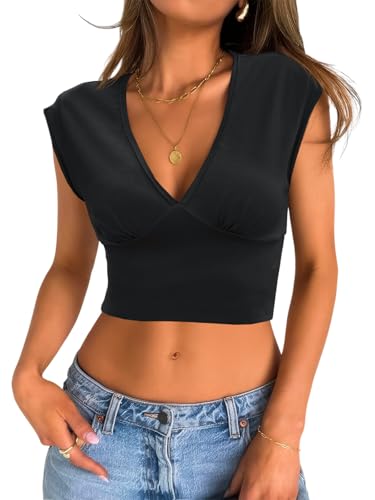 Tankaneo Womens Deep V Neck Cropped Tank Tops Low Cut Summer Cap