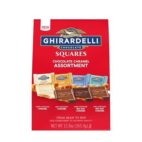 Image of GHIRARDELLI Chocolate Caramel SQUARES Assortment, 12.9 oz Bag Premium Milk, Dark, and White Chocolate with Luscious Caramel Filling