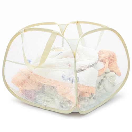 Image of Collapsible Laundry Baskets, 90L Large Foldable Laundry Basket, Durable Mesh Pop Up Hampers for Laundry, Dirty Clothes Laundry Hamper for Bedroom, Bathroom, Dorm, Laundry Room, Travel, Camping Beige