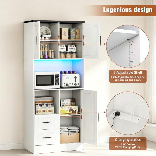 Image of 67.72 inch Tall Kitchen Pantry Cabinet with LED Light & Charging Station, Modern Kitchen Hutch with Microwave Stand, Countertop, Doors & Adjustable Storage Shelves