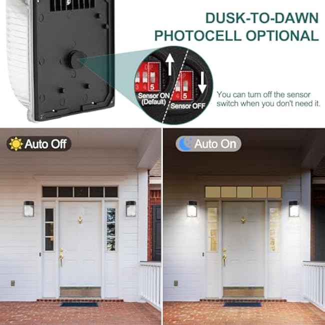 LED Wall Pack Light 30W 25W 15W Adjustable, Dusk-to-Dawn Photocell, 3000K 4000K 5000K CCT Adjustable, 3600lm 120V IP65 Waterproof Outdoor Wall Light for House, ETL Listed