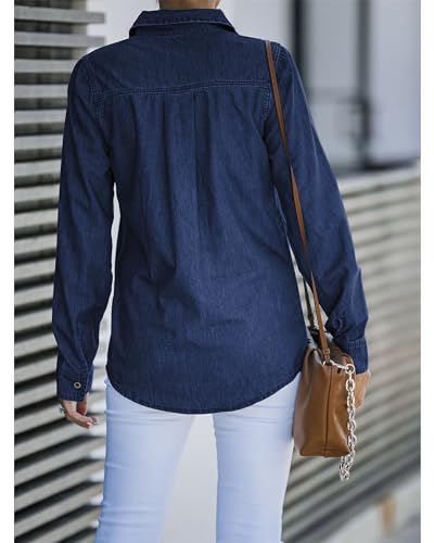 LookbookStore Women's Long Sleeve Collared Shirt Button Down Denim Blouse Tops4