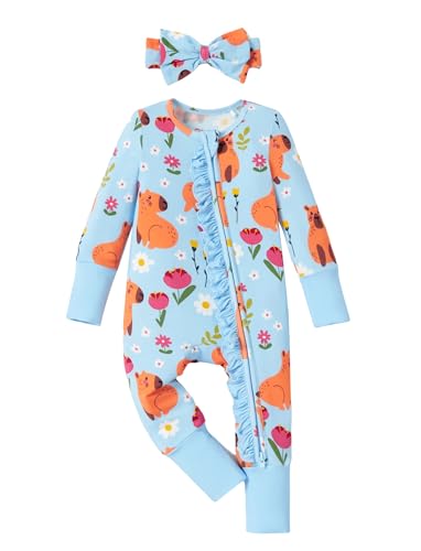 PATPAT Baby Girl Infant Clothes Footie – Soft Viscose for Bamboo, Stretch Feel – 2-Way Ruffled Zipper, Fold-Over Mittens & Cuffs Chill Capy Newborn