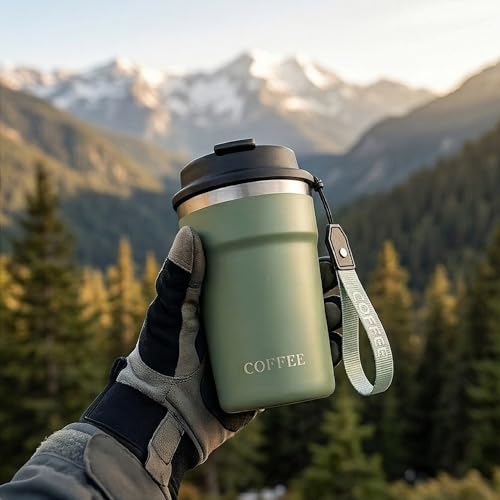 Image of Travel Coffee Tumbler with Lanyard - Insulated Stainless Steel Mug, Leak-Proof, Keeps Hot 6H & Cold 8H - Green, 400 ML