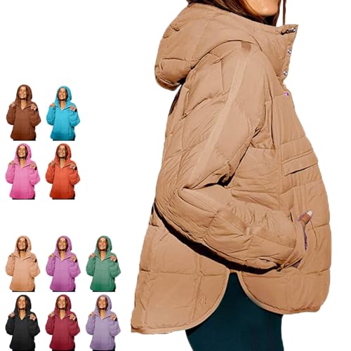 Veste matelassée femme avec pull léger chaud à capuche et poches en kaki