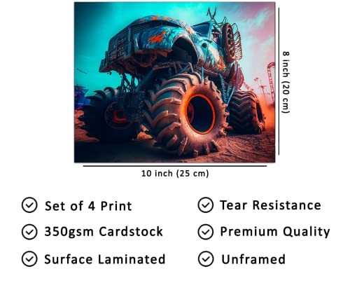 Cng Digital Monster Truck Posters For Boys Room Car Poster Set Of 4 Unframed (8''X10'') Monster Truck Wall Art Prints Aesthetic Posters For Bedroom Kids Room Wall Art Playroom Decoration #TOP1