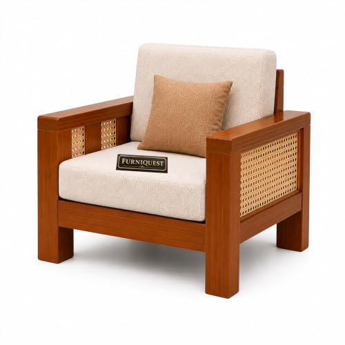 Image of Wooden Sofa Set for Living Room | Sofa Set | Rattan 5 Seater Sofa Set | Solid Sheesham Wood Sofa Set 5 Seater for Hone & Office Furniture (3+1+1 Natural Teak Finish)