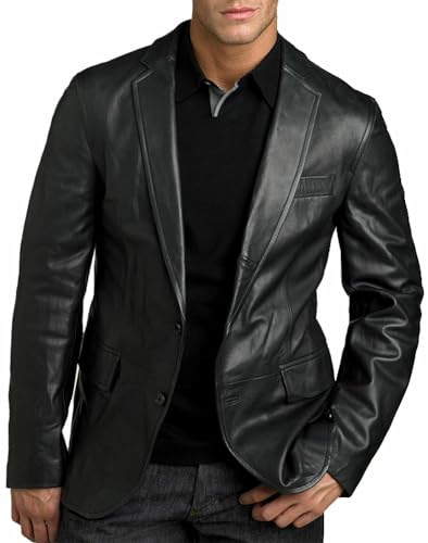 MERCH ATTIRE Blazer en cuir d'agneau pour homme avec deux boutons, Noir - Blazer à deux boutons, XS