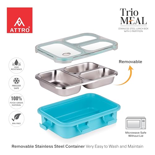 Image of ATTRO Trio Meal Stainless Steel Lunch Box with 3 Partition, Microwave Safe, Airtight Leakproof Silicone Seal Lid, BPA-Free Food Grade Tiffin Box for Office School Kids - 600ml - Blue