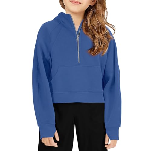 Girls Hoodies Half Zip Up Cropped Hooded Neck Clothes Y2K Casual Pullover Tops Classic Youth Sweatshirt With Pocket