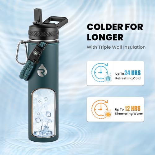 Image of RAYMYLO Insulated Water Bottle 24 oz, Triple Wall Vacuum Stainless Steel (Cold for 24Hrs, Hot for 12Hrs), Leak Proof & Non-BPA, Modern Water Flask Jug with Paracord Handle & Straw Spout Lids