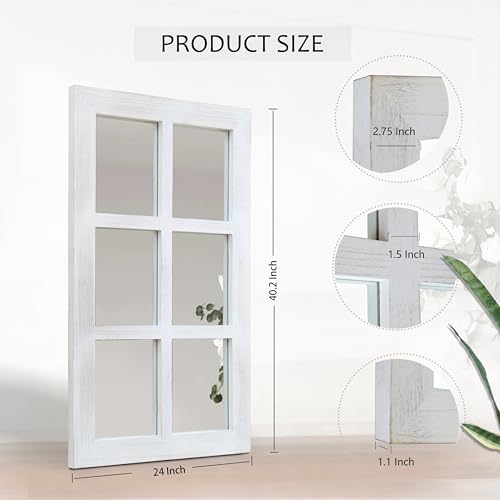 Image of LOSOUR 2 Pack 24x40 Mirrors for Wall Decor, Farmhouse Distressed Wood Windowpane Mirror, Rustic Home Wall Decor Accents for Bedroom Living Room Dining Room, Kitchen, Mantle (2, White, 40 inch L x 24 inch W)