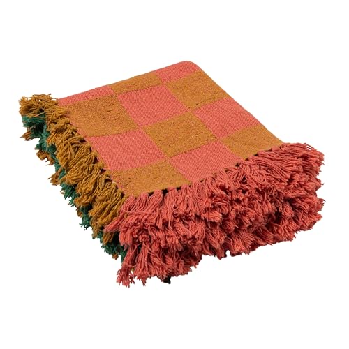 Creative Co-Op Woven Cotton Blend Two-Tone Checked Throw with Fringe, Multicolor