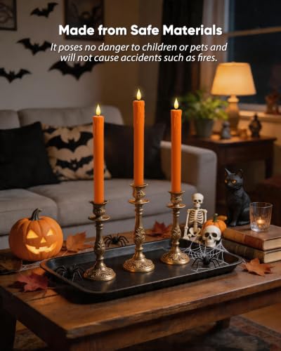 Image of Homemory Orange Flameless Taper Candles with Remote Timer, 9.6 Inch Real Wax Battery Operated Candlesticks, Flickering Warmer Light Led Tapered Candle 2 Pack for Halloween Home Decor