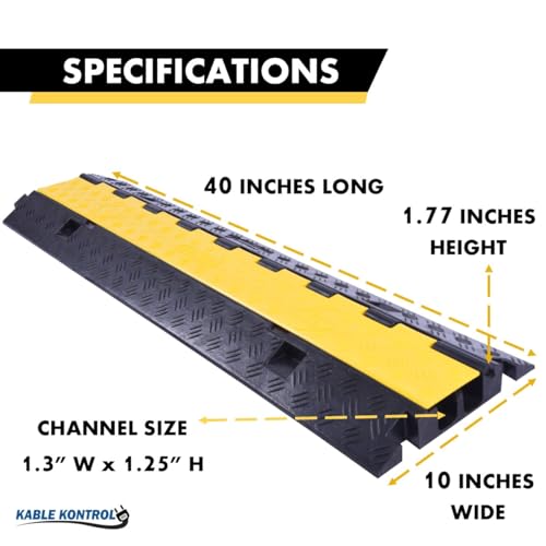 Image of Kable Kontrol Atlas Heavy Duty Cable Protector Ramp - 2 Channel - 1 Pc - 40 inch Long Black & Yellow - 24,000 Lbs Capacity - Rubber Speed Bump Wire Protector Cord Cover - CP9987
